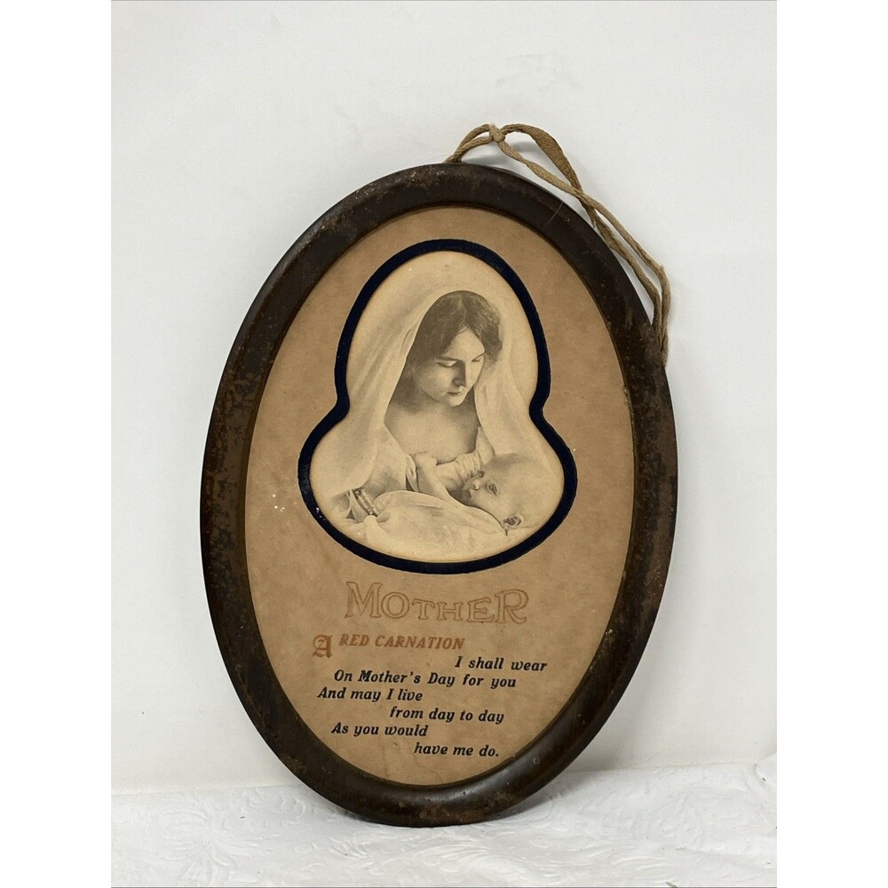 VTG Oval Antique Metal Mother Print Poem Wall Frame Red Carnation Mother’s Day